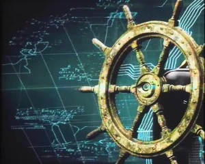Graphic design work of a weathered brass ship wheel that glows with faint blue neon circuitry.