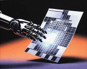 Graphic of a floating digital document being pulled out by a futuristic mechanical arm.