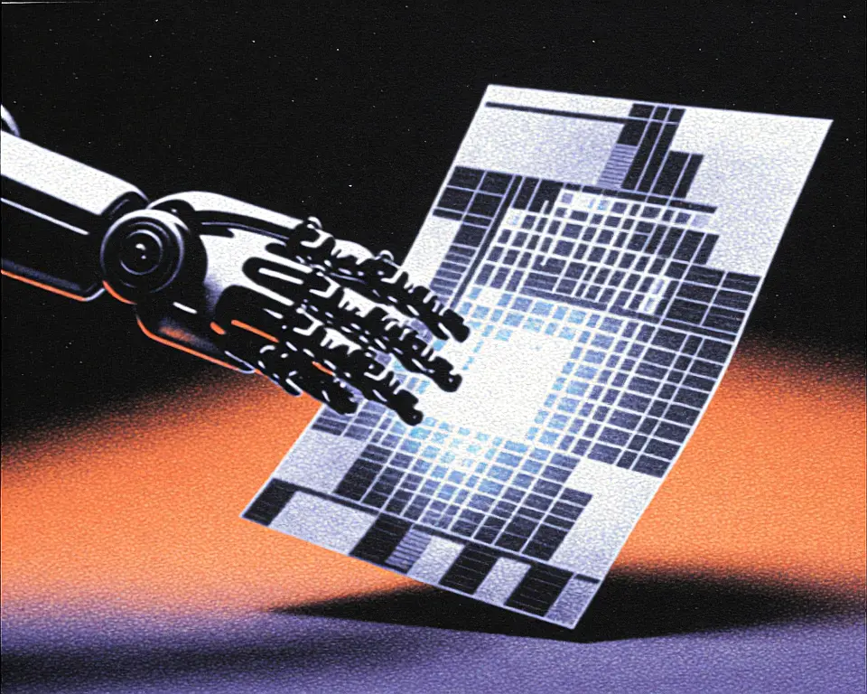 Graphic of a floating digital document being pulled out by a futuristic mechanical arm.