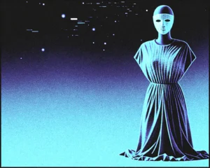 Holographic dress draped over a digital wireframe mannequin with a luminous spectral mask overlay.