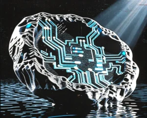 Impossibly smooth marble sculpture of a glowing translucent microchip circuits.