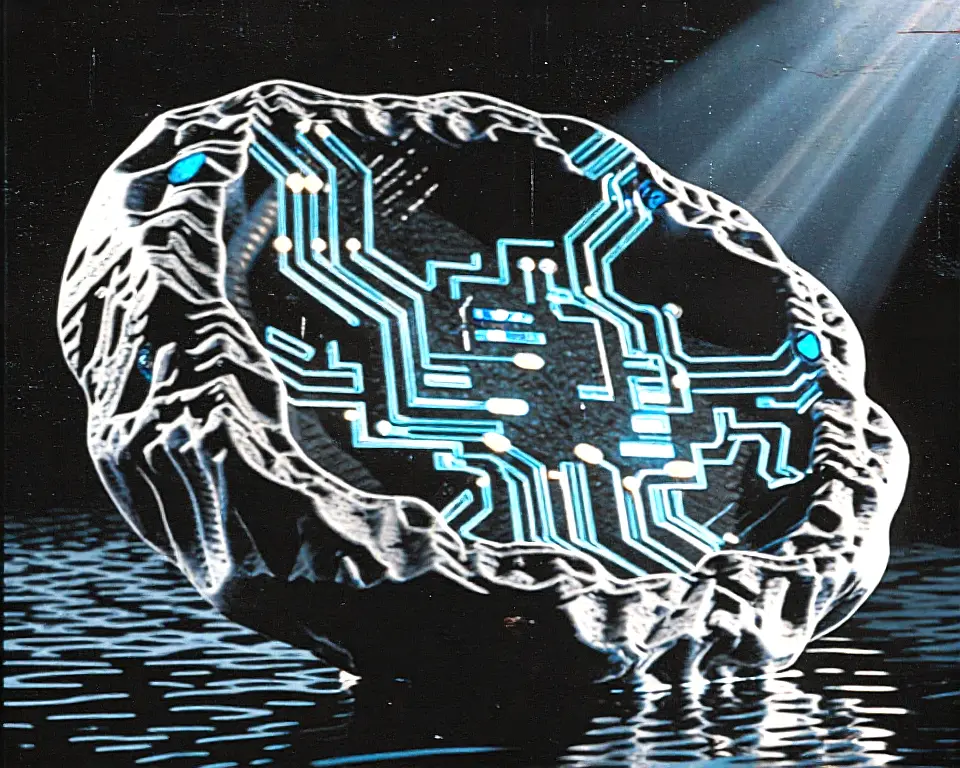 Impossibly smooth marble sculpture of a glowing translucent microchip circuits.