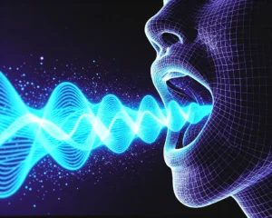 Isometric view of a stylized human mouth and vocal cords rendered as translucent digital wireframe.