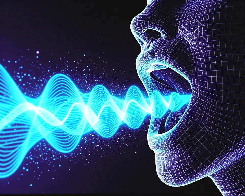 Isometric view of a stylized human mouth and vocal cords rendered as translucent digital wireframe.