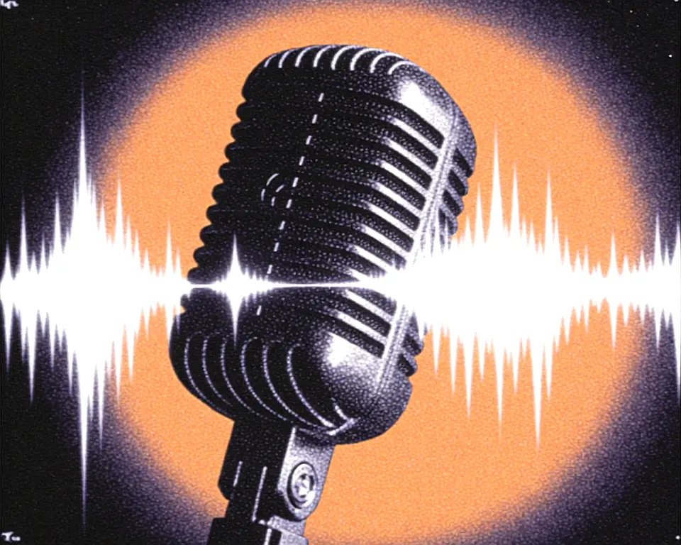 Large vintage studio microphone with ethereal glowing soundwaves radiating outward.