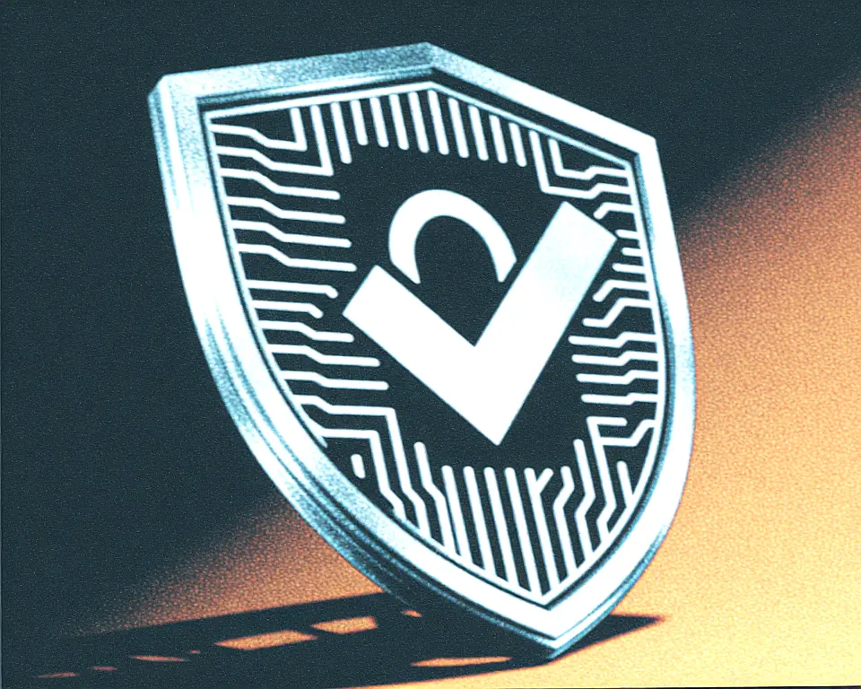 Large metallic shield with a glowing holographic checkmark locked inside a circuit board.