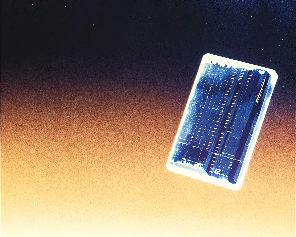 Luminous memory chip with a crystalline structure and placed to the right side of view.