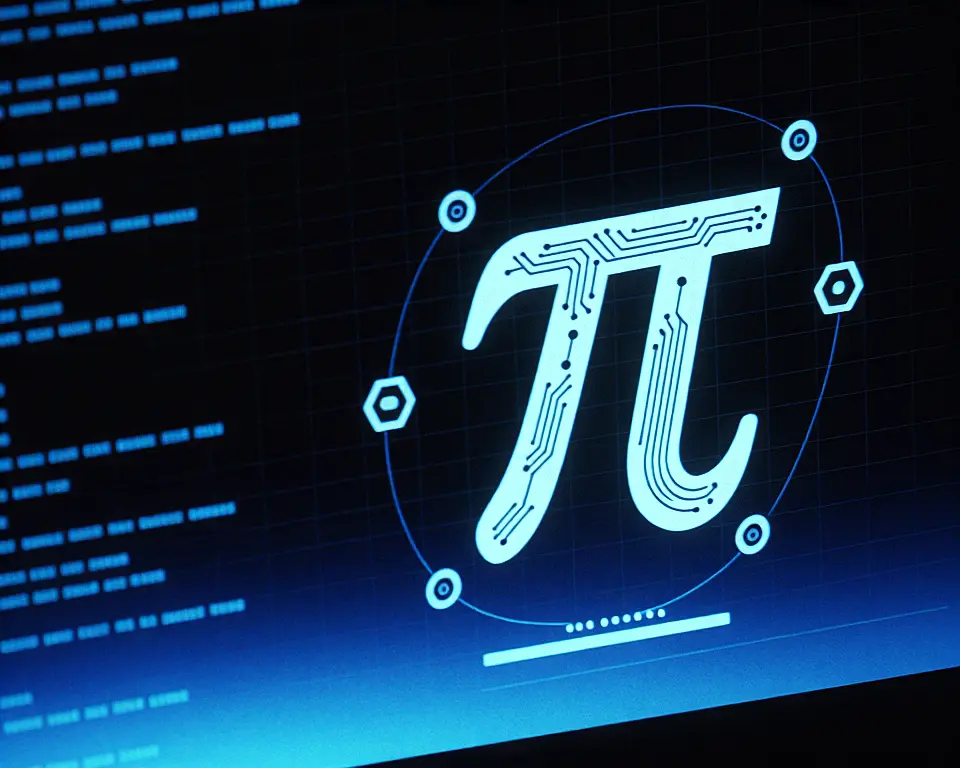 Luminous pi symbol enclosed in a digital toolkit with intricate circuit board traces.