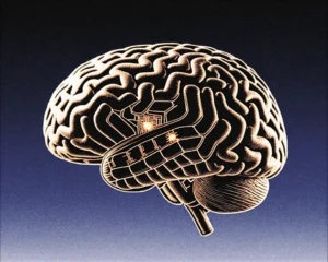 Mechanical brain of matte brushed metal texture and placed to the right side of view.