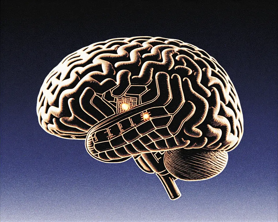 Mechanical brain of matte brushed metal texture and placed to the right side of view.