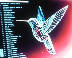 Mechanical hummingbird constructed from glowing fiber optic cables and translucent sapphire circuits.