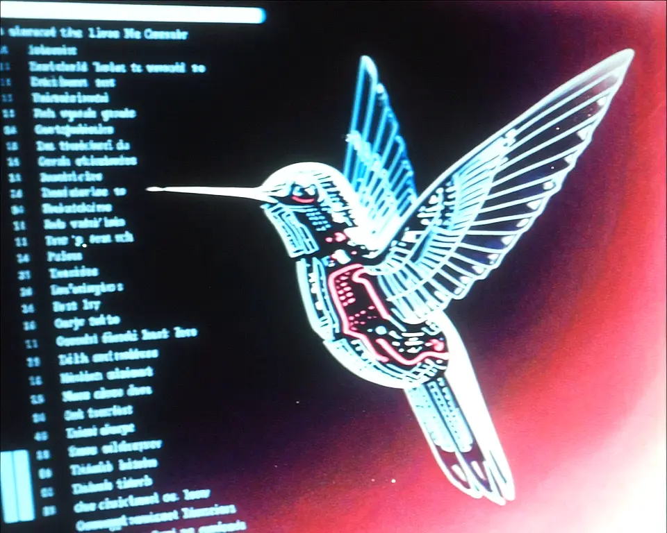 Mechanical hummingbird constructed from glowing fiber optic cables and translucent sapphire circuits.