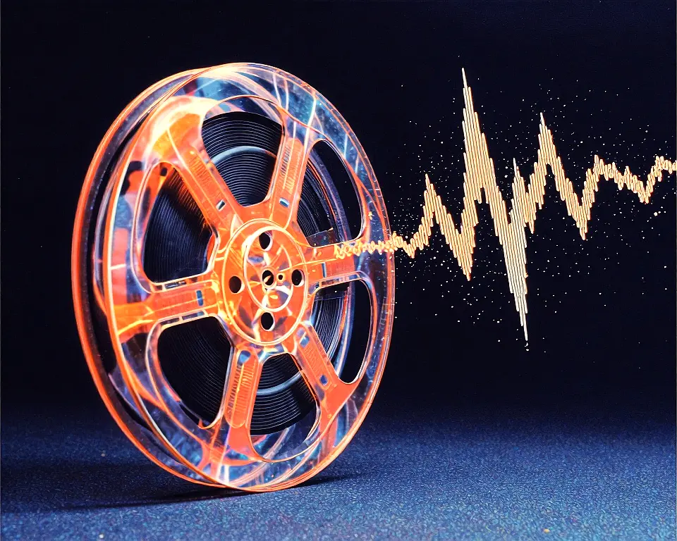 Merging film reel and speaker cone constructed from translucent glass and delicate neon orange lattice structure.