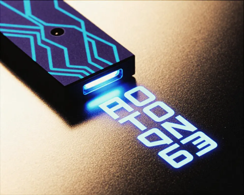 Modern handheld document scanner emitting holographic floating text.