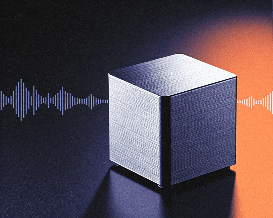 Modern smart speaker made of a frosted glass and brushed aluminum material emitting sound waves.