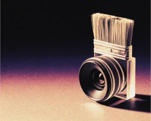 Paintbrush and camera hybrid is made up of a polished frosted glass and glowing fiber optic wireframe.