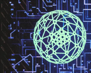 Processor core built from a luminous digital wireframe mesh forming a multi‑layered crystalline sphere.