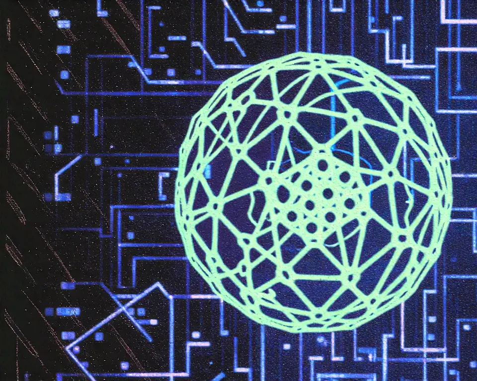 Processor core built from a luminous digital wireframe mesh forming a multi‑layered crystalline sphere.