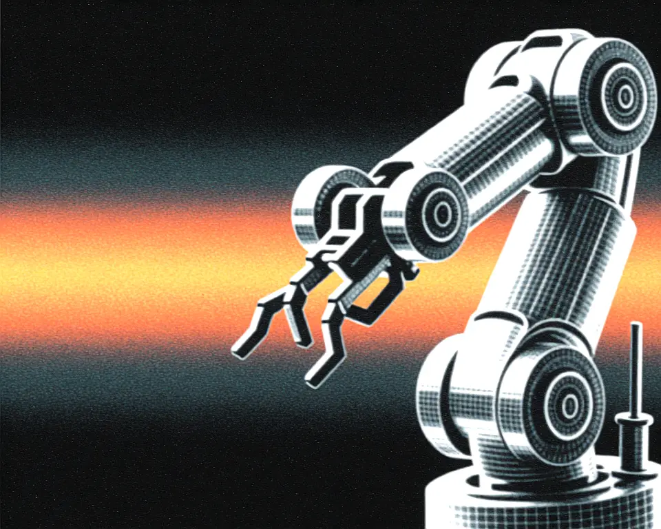 Robotic arm in digital wireframe design with intricate mechanical joints.
