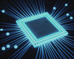 Semi transparent glowing memory chip is made up of a compressed data stream with blue and green binary code.