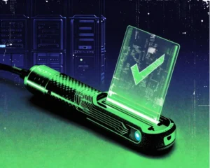 Sleek handheld diagnostic probe with a glowing holographic display shows a sharp green checkmark symbol.