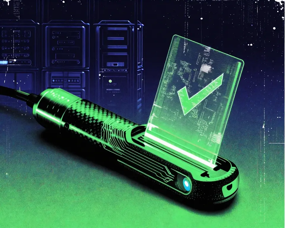 Sleek handheld diagnostic probe with a glowing holographic display shows a sharp green checkmark symbol.