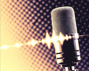 Sleek modern condenser microphone features deep shadowed acoustical foam textures that fade.