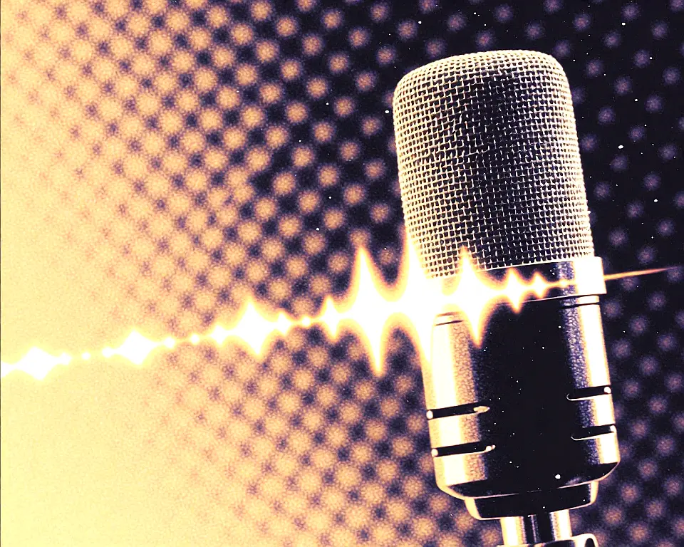 Sleek modern condenser microphone features deep shadowed acoustical foam textures that fade.