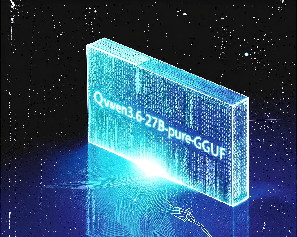 Sleek modern graphics card representing the Qwen3.6-27B-pure-GGUF AI model file.