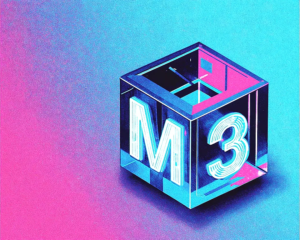 Sleek translucent cube etched with the characters M3 in a neon digital wireframe.