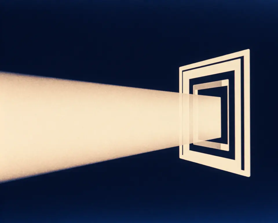 Small processor chip morphing into an expanding window frame visible light beams.