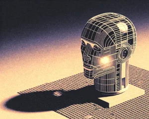 Small robotic thinker consists of polished metallic wireframe in uniform angled isometric composition.