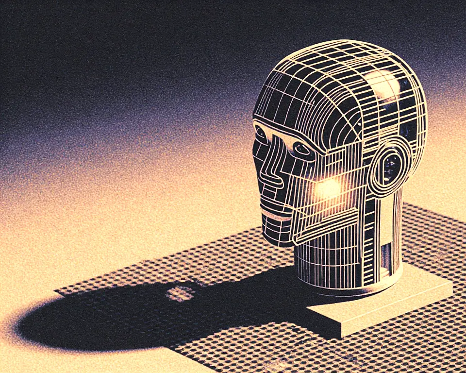 Small robotic thinker consists of polished metallic wireframe in uniform angled isometric composition.