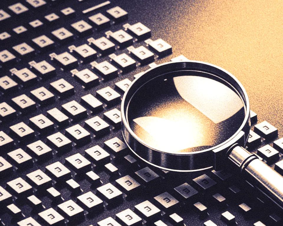 Small sleek magnifying glass hovering over floating digital code blocks.