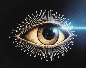 Stylized Horus eye lens constructed from intricate digital wireframe and glowing circuit patterns.