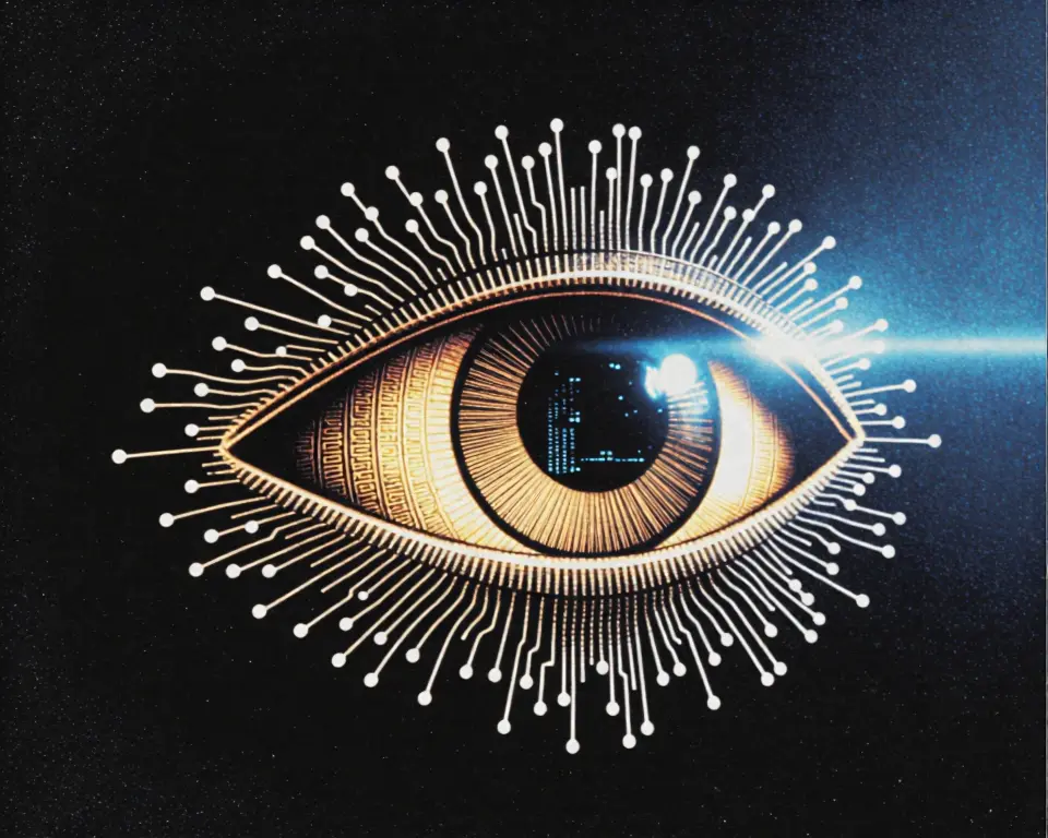 Stylized Horus eye lens constructed from intricate digital wireframe and glowing circuit patterns.