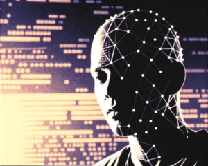 Stylized human silhouette avatar face of digital wireframe and glowing nodes.