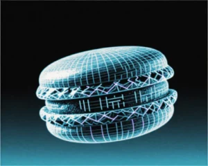 Stylized macaron pastry constructed entirely from a luminous digital wireframe.