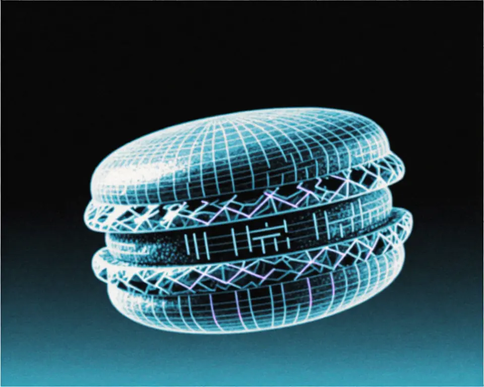 Stylized macaron pastry constructed entirely from a luminous digital wireframe.