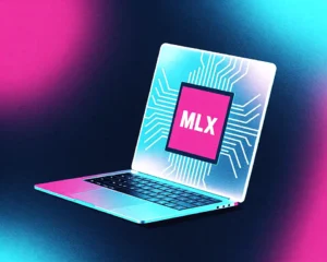 Stylized MacBook with a glowing MLX chip on the screen.