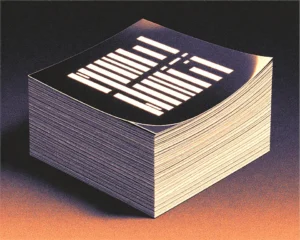 Thick stack of paper documents with glowing text lines if holographic glass texture and smooth metallic paper.