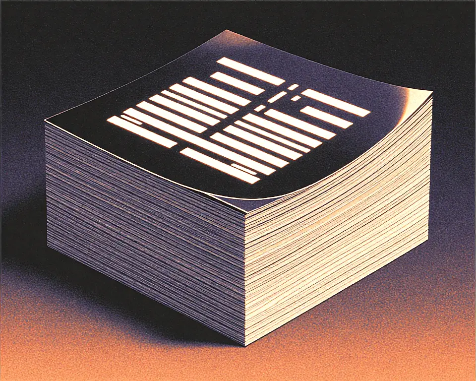 Thick stack of paper documents with glowing text lines if holographic glass texture and smooth metallic paper.