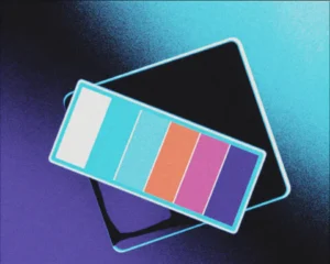 Translucent color palette card is made of frosted glass with glowing neon edges.