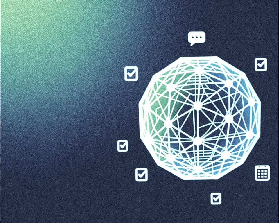 Translucent geometric AI assistant core of intricate nodes and lines forming a faceted crystalline sphere.