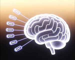 Transparent brain-shaped computing node with floating think tags.