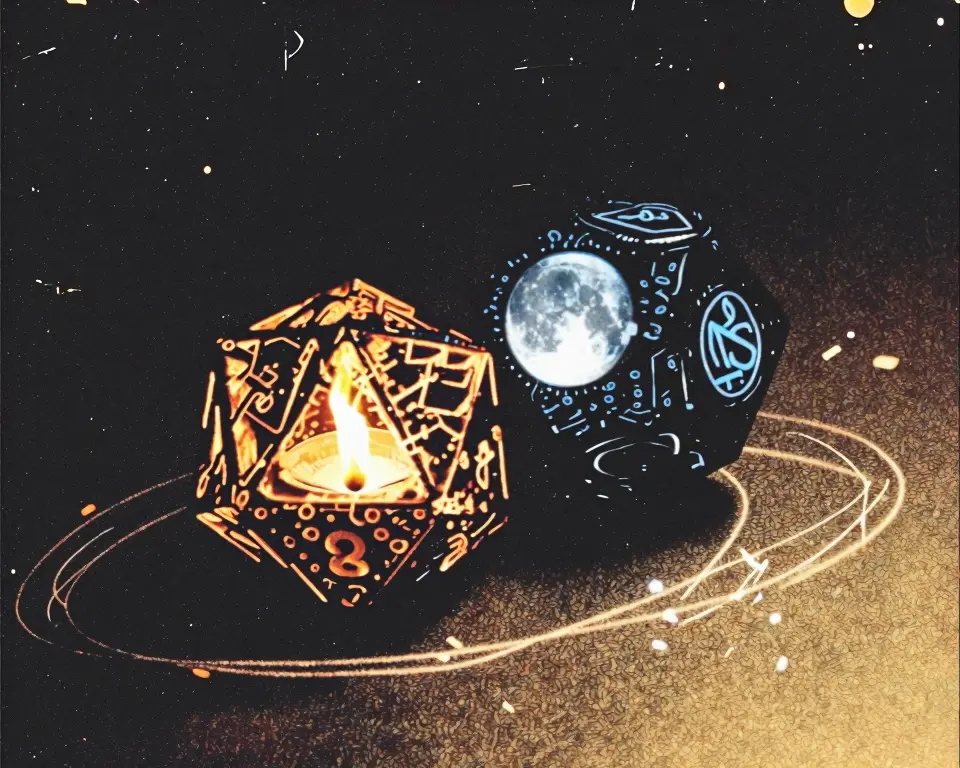 Two twenty-sided storytelling dice the dice is split into two distinct halves.
