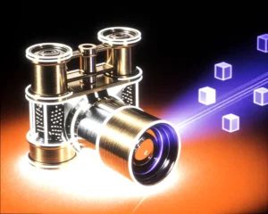 Vintage brass spyglass of glowing brushed steel displaying floating digital cubes.