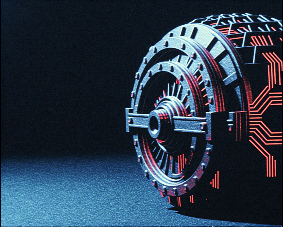 Large digital cyber vault made up of a complex metallic material and neon glowing texture.