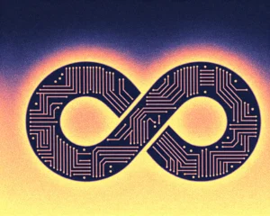 A continuous loop infinity symbol with intricate circuit board encapsulates LoopCoder-V2.