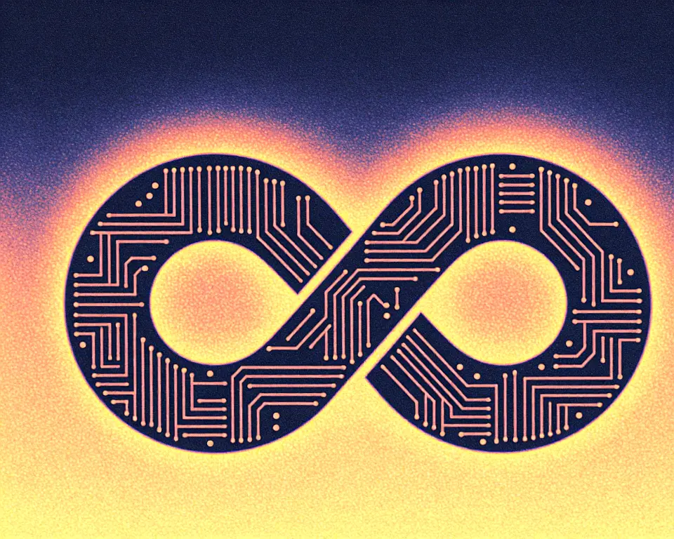 A continuous loop infinity symbol with intricate circuit board encapsulates LoopCoder-V2.